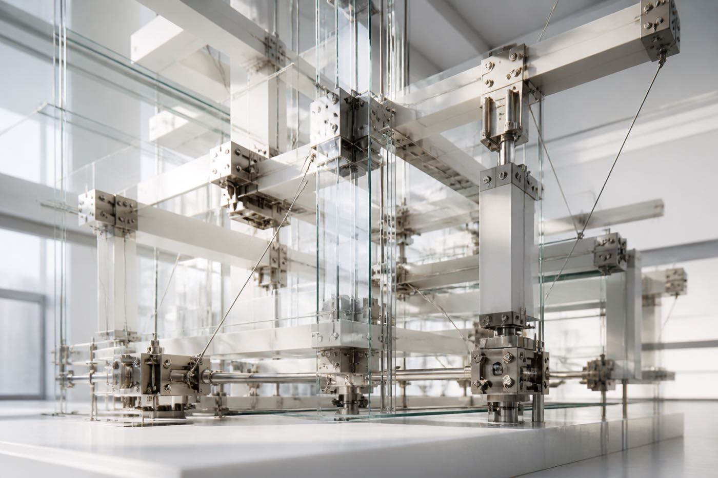 Precision-engineered ceramic, glass, and steel framework assembled as one structure