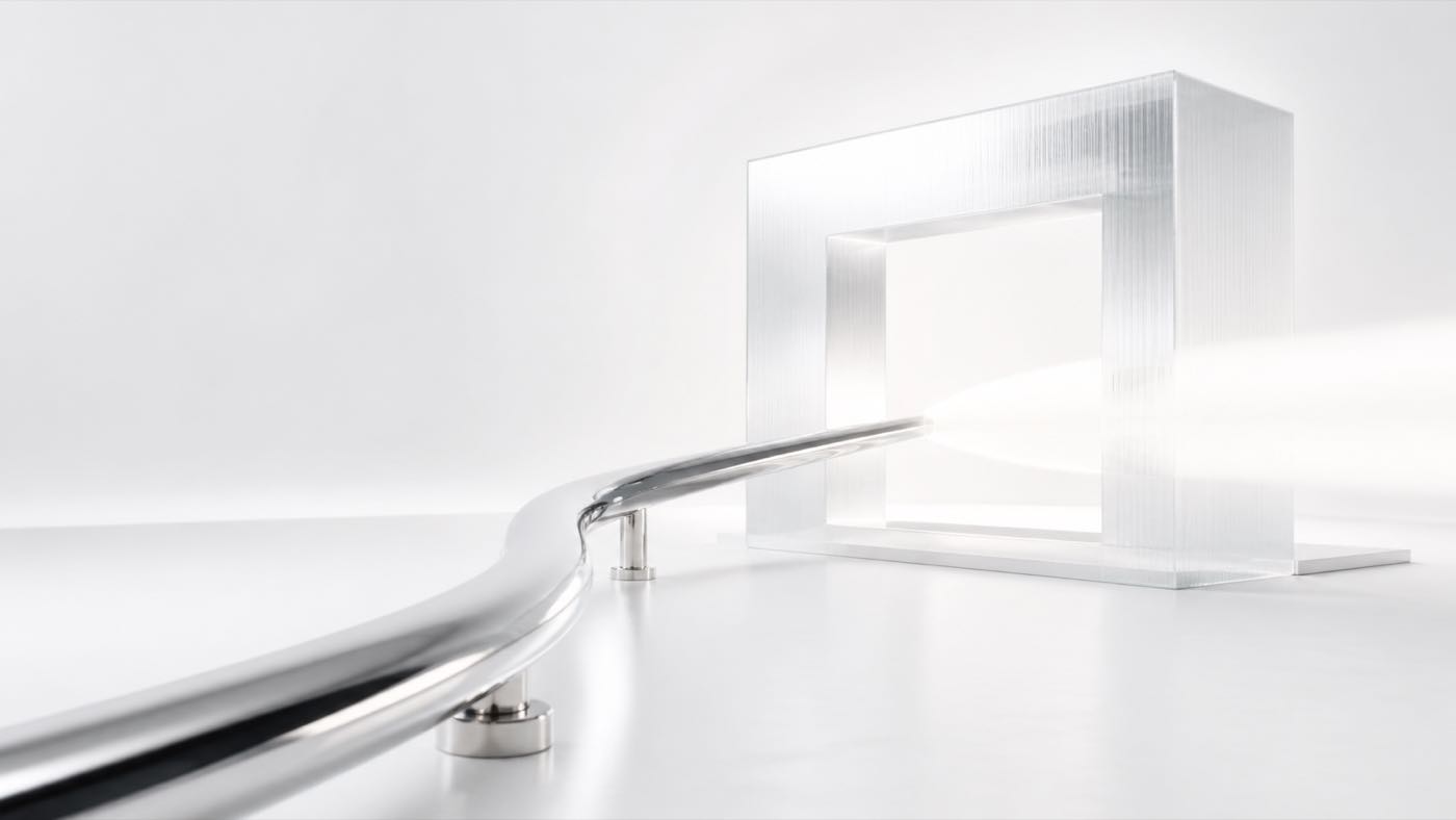 A polished metal signal path entering a translucent architectural portal