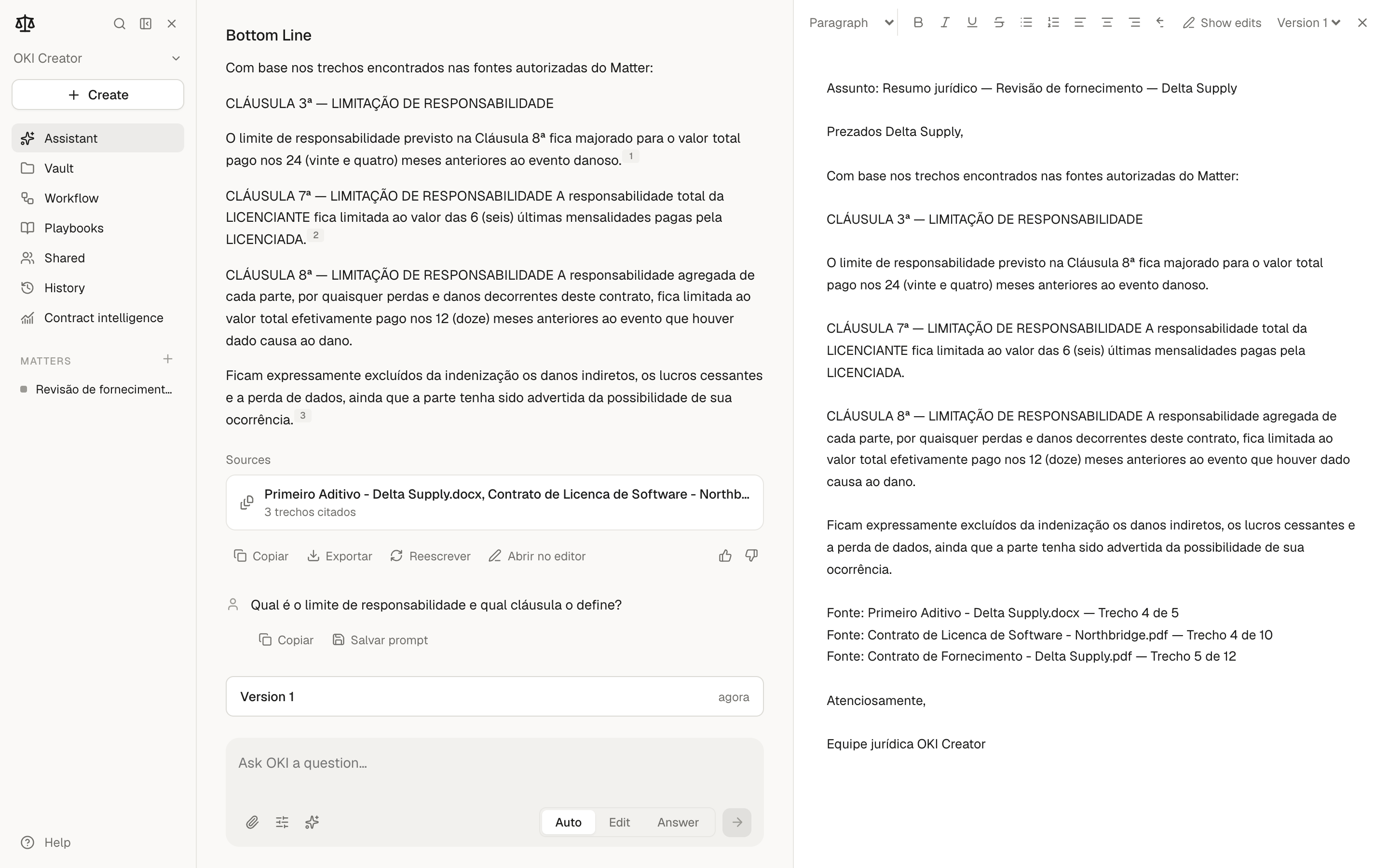 OKI Legal assistant with a cited answer and the supporting source beside it