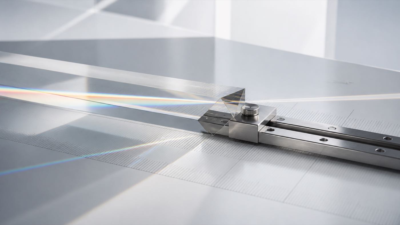 Optical glass prism on a precision measurement rail